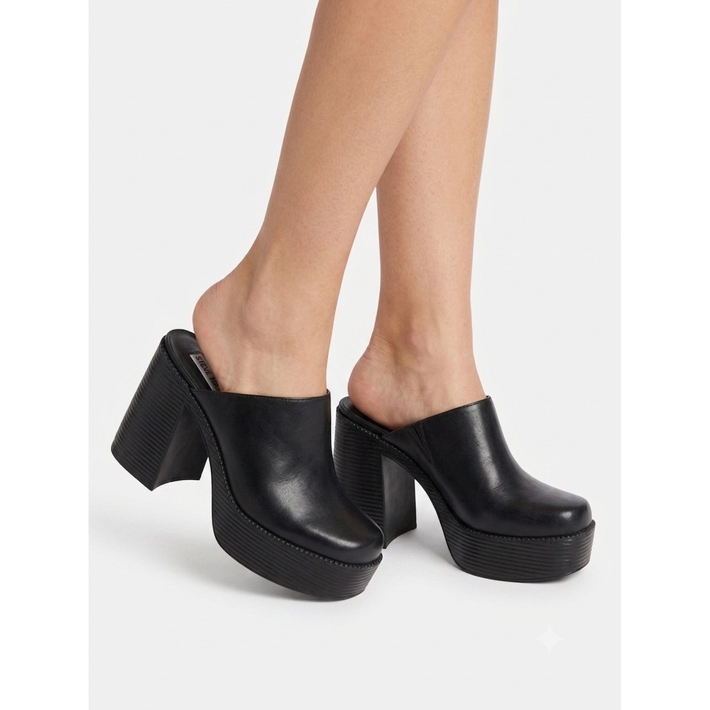 Steve Madden Bowe Leather Block Heel Mules Size 8 black boho festival western